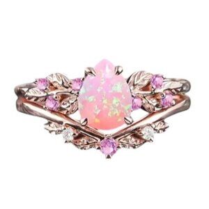2 Pieces Pear Cut Ethiopian Pink Fire Opal Engagement Ring Set 14K Gold plated